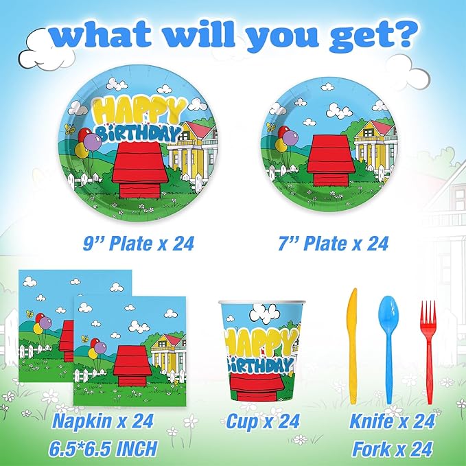 Cartoon Dog Party Supplies for kids Cartoon Themed Birthday Party, Peanuts Party Decorations Disposable Tableware Set With Plates, Cups, Napkins & Cutlery for 24 Guests
