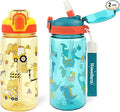Kids Water Bottle for School or Travel, 20 Oz 2 Pack Durable Plastic Water Bottle with Silicone Straw and Pop-Up Spout Cover, BPA Free & Dishwasher Safe(Excavator & Dinosaur)