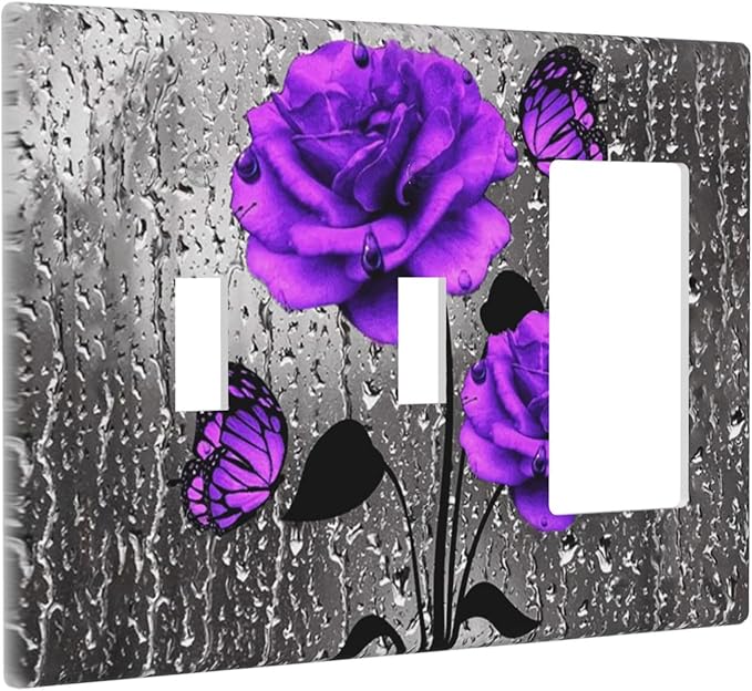 Cute Pretty Purple Gray Flowers Romantic 3-Gang Combination Double Toggle/Single Decorator Outlet Wall Plate Rose Blossom Butterfly Electric Decorative 2-Toggle 1-Rocker/GFCI Combo Light Switch Cover