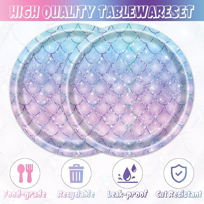 40pcs Mermaid Themed Party Supplies Under the Sea Mermaid Birthday Party Decorations Ocean Party Tableware Set for Girls Baby Shower