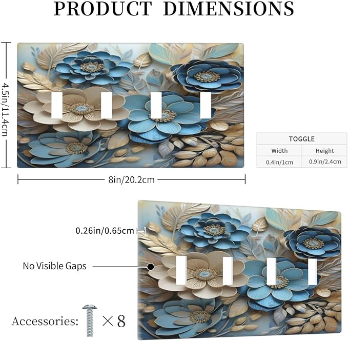 Decorative Art Light Switch Covers Blue and Creamy Floral Quad Toggle 4 Gang Wall Plate Switch plate Electrical Faceplate for Home Decor