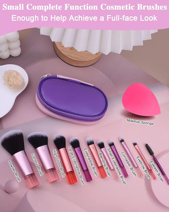 PGRODE Mini Travel Makeup Brushes Set, 14 Pieces, Portable Full Complete Function Cosmetic Kit with Brush Pouch, On the Go Short Makeup Brush Small Travel Essentials for Kids, Women, Girls (Colorful)