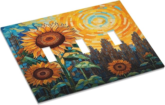 Abstract Sunflower Graffiti Floral Paint Art Flower Decorative Switch Plates 3 Gang Wall Plate Faceplate Electrical Wall Panels Triple Toggle Light Switch Cover for Bedroom Living Room Decor