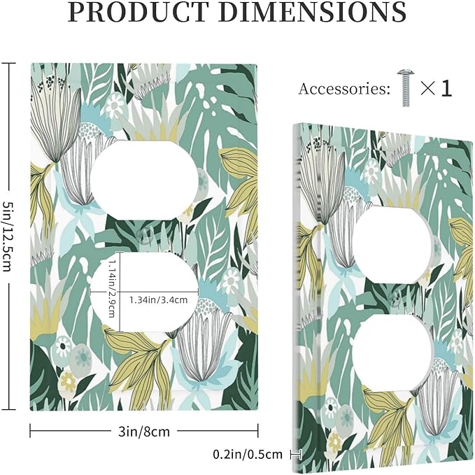 Retro Tropical Leaves 1 Gang Wall Plate Single Duplex Outlet Cover Receptacle Decorative Light Switch Cover Plate Electrical Faceplate Socket for Bedroom Bathroom Kitchen Decor