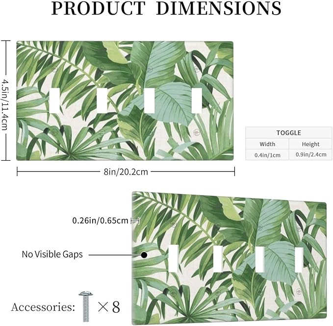 Green Tropical Palm Tree Leaf 4 Gang Four Device Decorative Light Switch Cover Summer Japanese Banana Leaves Greenery Quad Toggle Decorator Wall Plate Outlet Cover Electrical Faceplate Switchplate
