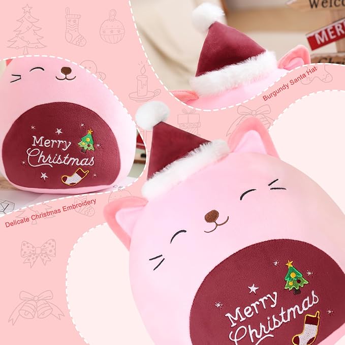 SQEQE Christmas Cat Stuffed Animal Pink Cat Plush Wearing Red Hat Kawaii Stuffed Toys Soft Home Plushie Decoration Gifts for Boys Girls (Red, 10 Inch)