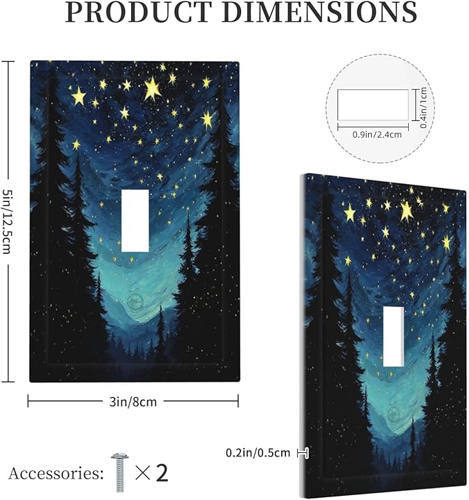 Decorative Light Switch Cover Blue Starry Sky Forest Painted Star Pine Tree Oil Painting 1 Gang Single Toggle Decorator Outlet Wall Plate Device Electrical Faceplate Switchplates for Bedroom Cabin