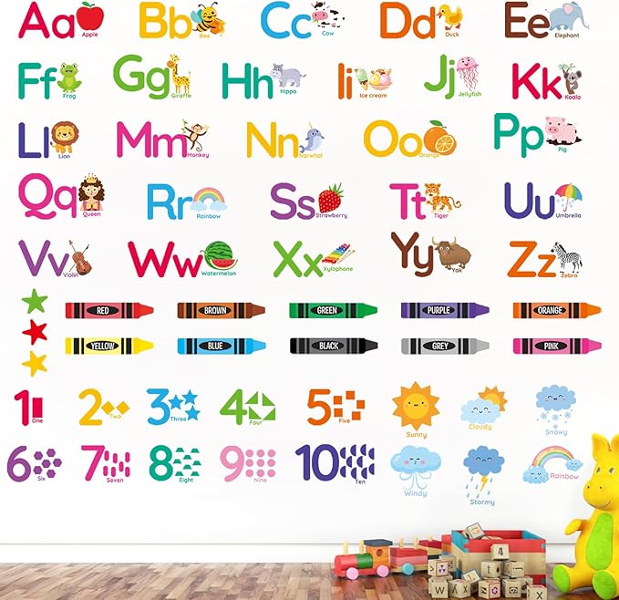 AOWDIAO Learning Wall Decals for Kids - Peel and Stick Alphabet, Numbers, Colors & Animals - Classroom, Nursery and Playroom Educational Decor