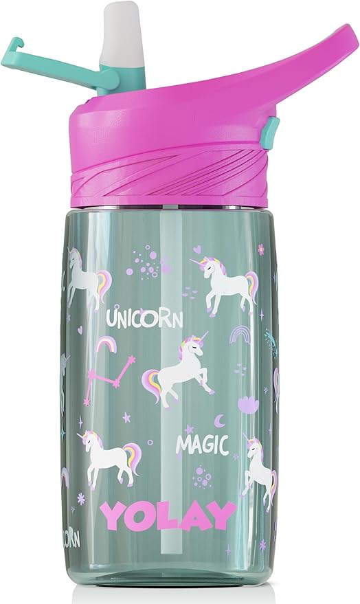 YOLAY 15oz Kids Water Bottle For School Boys and Girls, Durable Toddler Water Bottle with Straw Lid Leak-Proof, Spill Proof, Easy Clean and Dishwasher Safe with Re-Usable and BPA Free - Unicorn