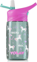 YOLAY 15oz Kids Water Bottle For School Boys and Girls, Durable Toddler Water Bottle with Straw Lid Leak-Proof, Spill Proof, Easy Clean and Dishwasher Safe with Re-Usable and BPA Free - Unicorn