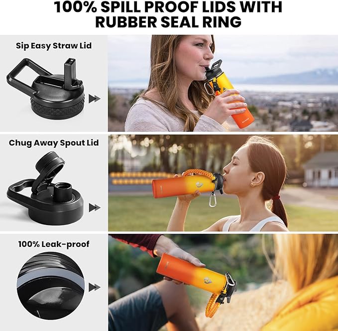 RAYMYLO Insulated Water Bottle 24oz, Triple Wall Vacuum Stainless Steel (Cold for 24Hrs, Hot for 12Hrs), Leak Proof & Non-BPA, 24oz Hydro Water Flask with Paracord Handle & Straw Spout Lids