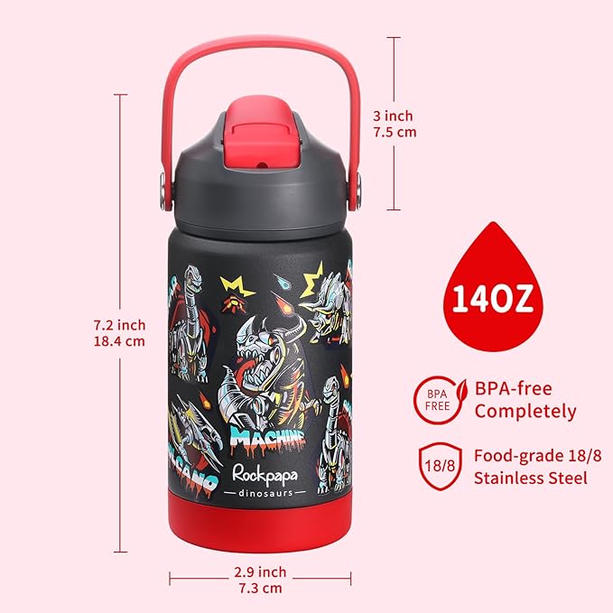 rockpapa 14 oz Kids Insulated Water Bottle，Stainless Steel Toddler Cups with Straws, BPA Free, Leak-Proof, Kids Water Bottle for School Boys&Girls (Black Dinosaur)