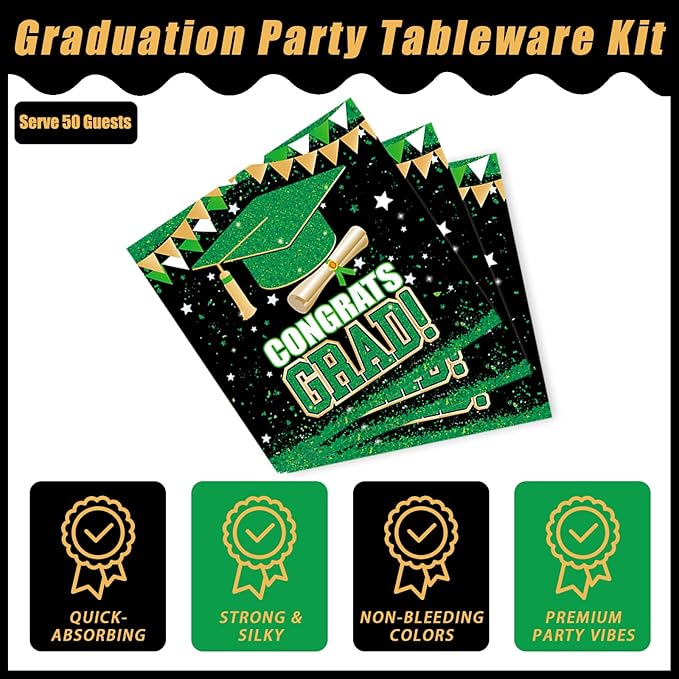 Kepeel 200Pcs 2026 Graduation Party Tableware Set, Green Gold Class of 2026 Party Decorations Supplies for Boys Girls Congratulate Graduation Disposable Paper Napkins Forks Favors, Serve 50