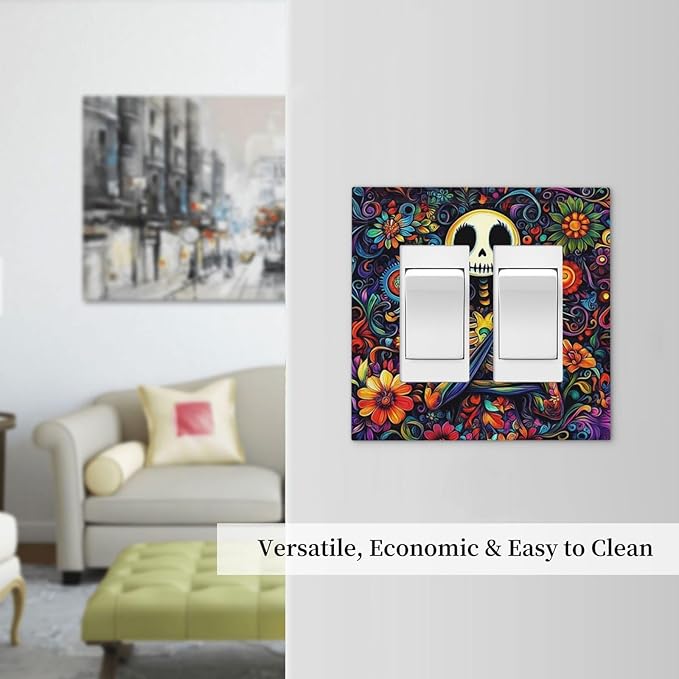 Decorative Outlet Covers Colorful Flowers Abstract Skull 2 Gang Double Gfci Rocker Electrical Wall Panels Light Switch Cover Plate For Home Living Room Decor