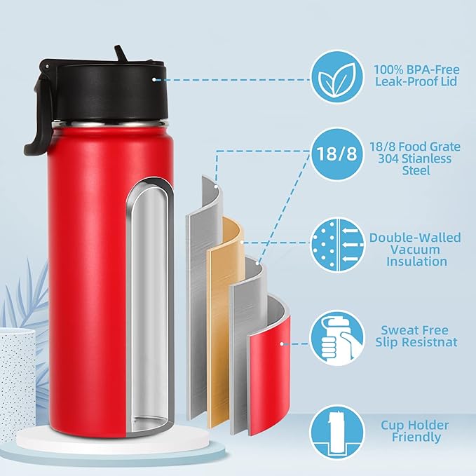 Volhoply 18oz Insulated Water Bottle Bulk 4 Pack,Kids Stainless Steel Water Bottles with Straw,Double Wall Vacuum Metal Water Bottle,Wide Mouth Reusable Sport Flask For Cold Drink(Red,4 Set)