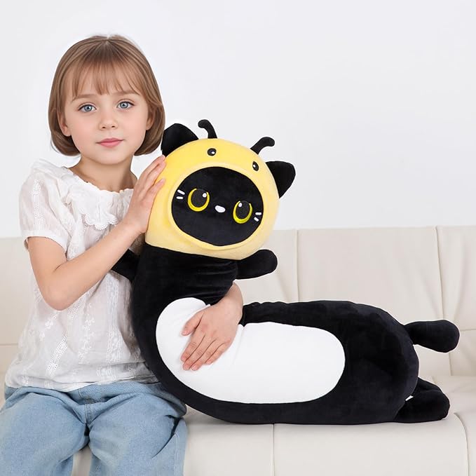 36 inch Black Cat Bee Stuffed Plush Toy, Kitty Stuffed Animals Honeybee Body Pillow, Kawaii Soft Plushie Gfit for Kids Boys Girls, Birthday