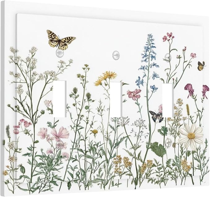 Decorative Switch Plates Rustic Wildflowers Butterfly Colorful Floral 3 Gang Wall Plate Triple Toggle Light Switch Cover Faceplate Electrical Wall Panels For Bed Room Living Room Decor