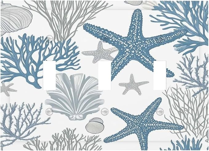 Blue Starfish Nautical Beach Conch Coastal Coral Shell Decorative Switch Plates 3 Gang Wall Plate Triple Toggle Light Switch Cover Faceplate Electrical Wall Panels For Kids Room Bathroom Decor