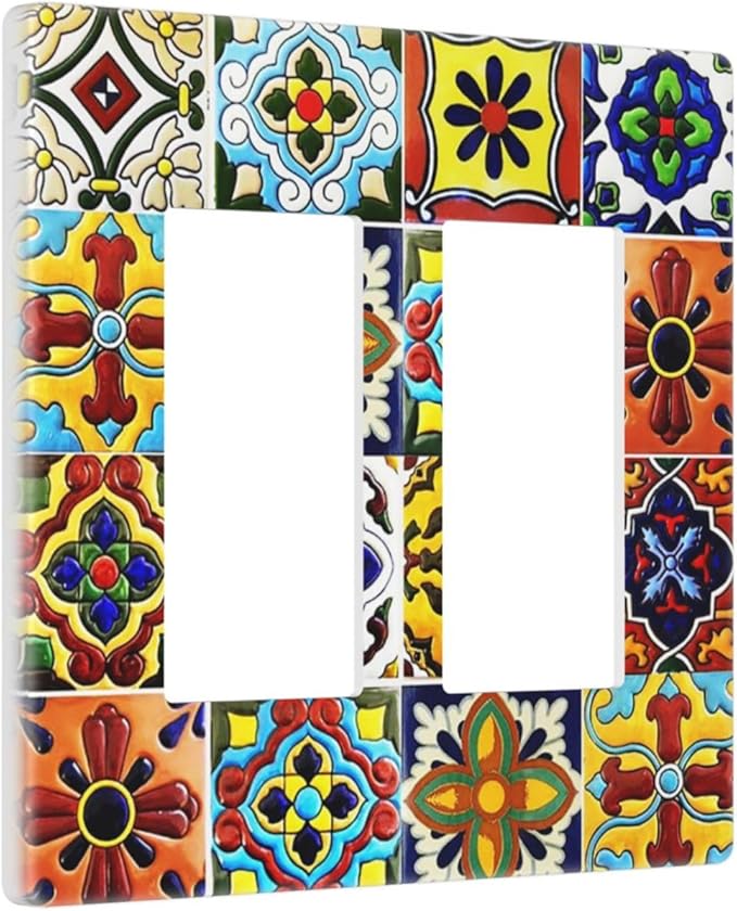 Boho Mexican Moroccan Tile 2 Gang Double GFCI Rocker Rocker/Decorator Light Switch Cover Decorative Outlet Wall Plate Electrical Faceplate Screwless