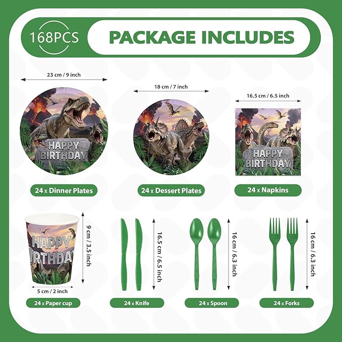 168Pcs Dinosaur Birthday Party Supplies Classic Dino Themed Paper Plates Napkins Cups Realistic Dinosaur Jungle Disposable Tableware for Kids Boys Birthday Party Decorations Serves 24