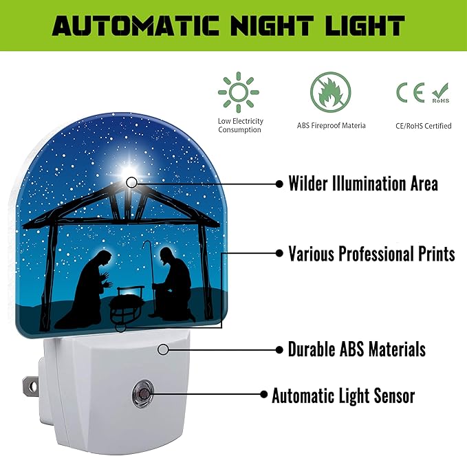 Nativity Night of Jesus Night Light for Kids,Christmas Christian Jesus Plug in Night Light with Dusk to Dawn Sensor, 0.5w Energy Saving Nightlight for Hallway Stairway Kitchen Bedroom
