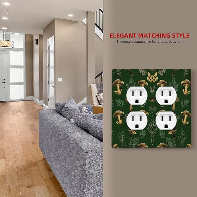 Decorative Outlet Covers Cute Gold Mushtroom Green Plant Leaf 2 Gang Light Switch Cover Plate Double Duplex Wall Plates for Electrical Outlets Switch Plate Covers for Bedroom Home Decor