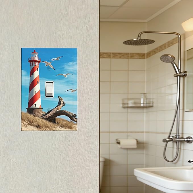 Lighthouse Coastal Scene 1-Gang Toggle Light Switch Plate, Nautical Coastal Beacon Decorative Wall Plate for Living Room Bathroom Decor