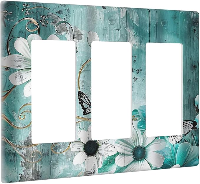 Decorative Outlet Covers Turquoise Flowers and Butterflies Rustic Teal White Floral 3 Gang Wall Plate Triple Rocker Decora Light Switch Cover Plate Jumbo Electrical GFCI Switch Plate Cover