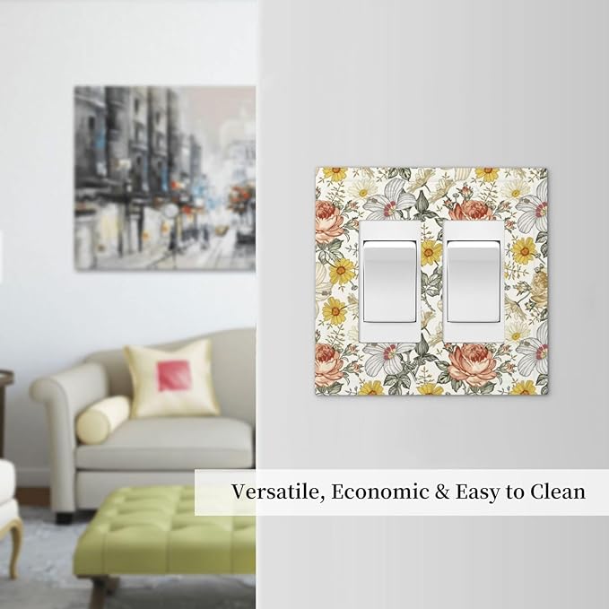 Multicolor Peony Daisy Vintage Floral Flower Decorative Outlet Covers 2 Gang Double GFCI Rocker Electrical Wall Panels Light Switch Cover Plate for Bedroom Living Room Decor