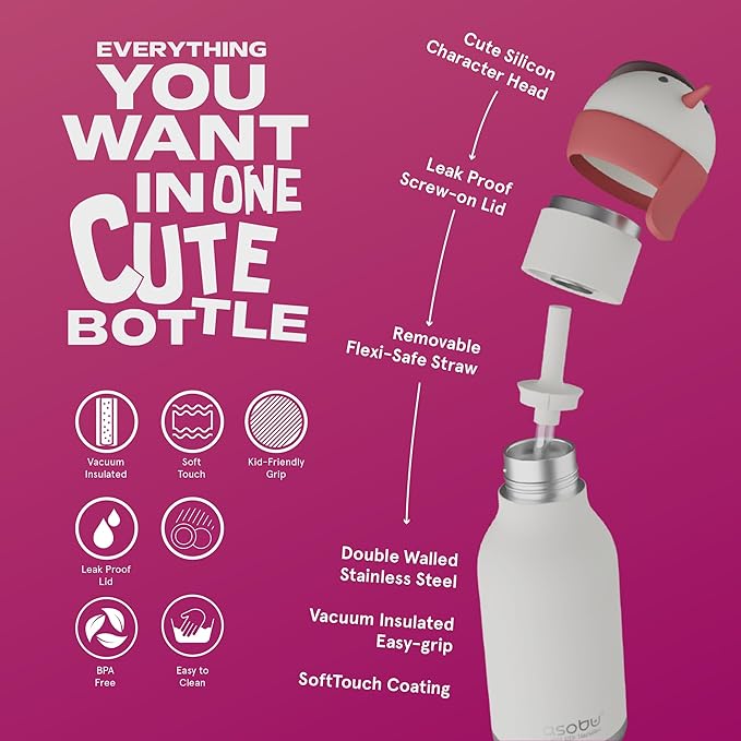asobu Bestie Bottle Insulated Stainless Steel Water Bottle with Detachable Soft Animal Head Fun Drinking For Kids and Teens with Flexible Reusable Straw 16 Ounce (SNOWMAN)