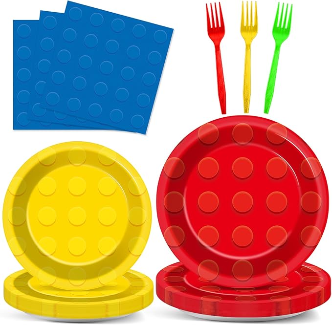 96Pcs Building Block Plates and Napkins Birthday Party Supplies Bricks Paper Dessert Plates Forks Building Block Tableware Set Disposable for 24 Guests Kids Boys Birthday Baby shower Party Decorations
