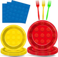 96Pcs Building Block Plates and Napkins Birthday Party Supplies Bricks Paper Dessert Plates Forks Building Block Tableware Set Disposable for 24 Guests Kids Boys Birthday Baby shower Party Decorations