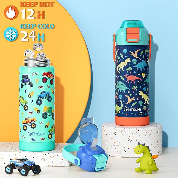 Kids Insulated Water Bottle with Pop-Open Straw & Spout 2-in-1 Lid, 18oz Leak Proof 18/8 Stainless Steel Vacuum Tumbler, BPA-Free Kids Cup For Travel School Boys Girls Toddler, Dinosaur & Monster Car