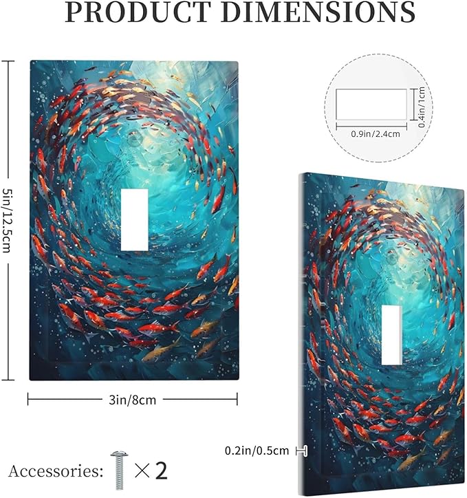 Ocean Fish School Of Fish Vortex Deep Sea Decorative Light Switch Cover 1 Gang Single Toggle Device Electrical Faceplate Switchplates Decorator Outlet Wall Plate for Kids Room Bedroom Decor