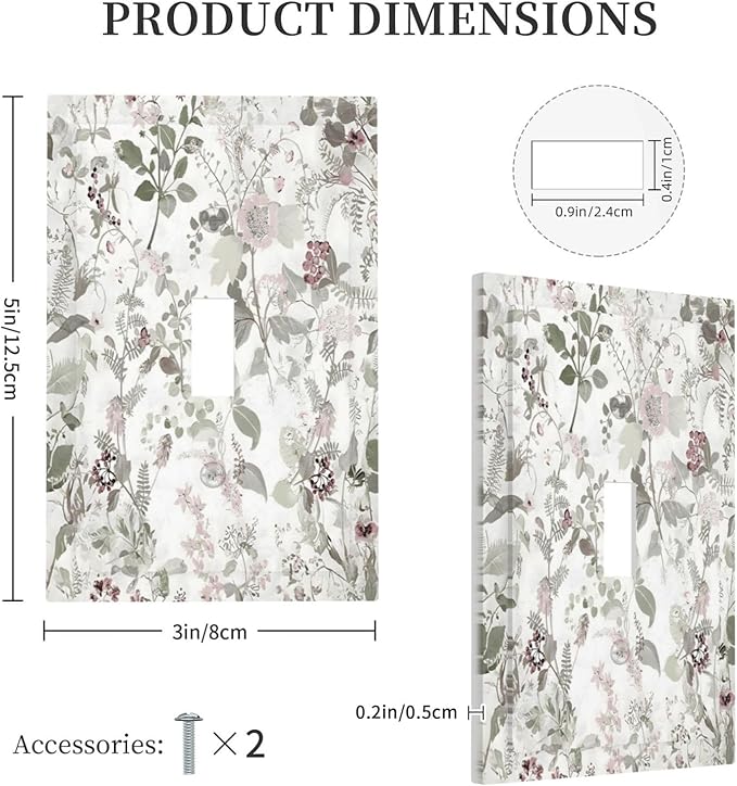 Boho Floral Leaf Vintage Watercolor Flower Decorative Light Switch Cover 1 Gang Single Toggle Device Electrical Faceplate Switchplates Decorator Outlet Wall Plate for Farmhouse Bedroom Decor