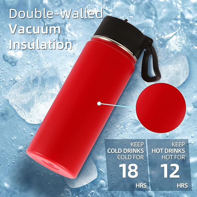 Volhoply 18oz Kids Insulated Water Bottle,Stainless Steel Water Bottles with Straw Lid,Wide Mouth Reusable Metal Water Bottle,Double Wall Vacuum Sports Travel Flask For Cold Drink(Red,1 Set)