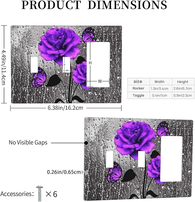 Cute Pretty Purple Gray Flowers Romantic 3-Gang Combination Double Toggle/Single Decorator Outlet Wall Plate Rose Blossom Butterfly Electric Decorative 2-Toggle 1-Rocker/GFCI Combo Light Switch Cover
