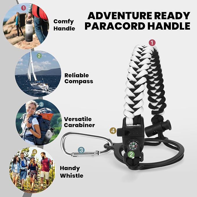 RAYMYLO Insulated Water Bottle 87 oz, Triple Wall Vacuum Stainless Steel (Cold for 48 Hrs), Leak Proof & Non-BPA, Modern Water Flask Jug with Paracord Handle & Straw Spout Lids, Ombre: White/Black