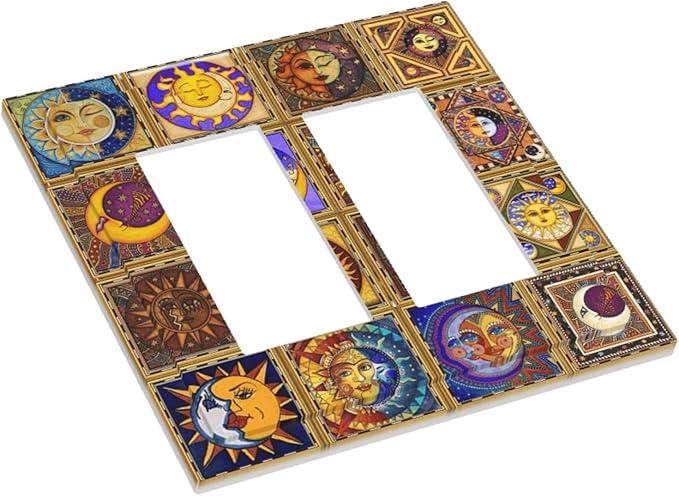 Mexican Talavera Tiles Star Pattern Celestials Theme Print Decorative Outlet Covers 2 Gang Double GFCI Rocker Electrical Wall Panels Light Switch Cover Plate for Kitchen Home Decor