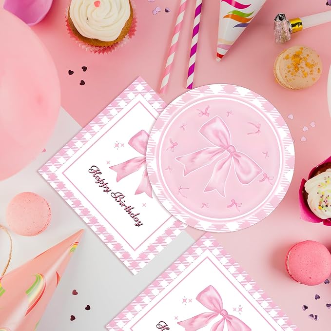 40pcs Pink Bow Party Supplies Bow Birthday Party Plates and Napkins Pink Bow Party Decorations for Girls Bachelorette Party Bride Engagement Decoration Baby Shower Coquette Cute Supplies
