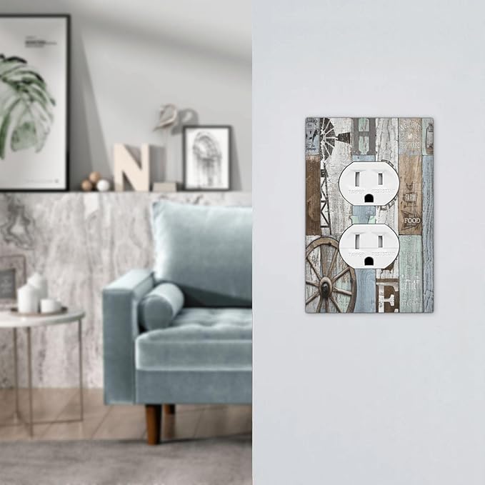 Rustic Western Barn Door Vintage Windmill Outlet Covers 1 Gang Duplex Light Switch Cover Decorative Switch Plates Electrical Receptacle Faceplate Wall Plate for Farmhouse Home Decor
