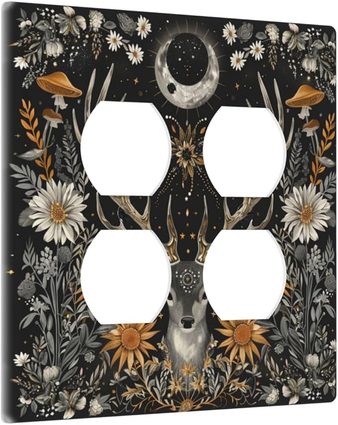 Decorative Outlet Covers Vintage Deer Flowers Moon Natural Plants Floral 2 Gang Decorative Switch Plate Double Duplex Wall Plates Switch Plates and Outlet Covers for Bathroom Bedroom Decor