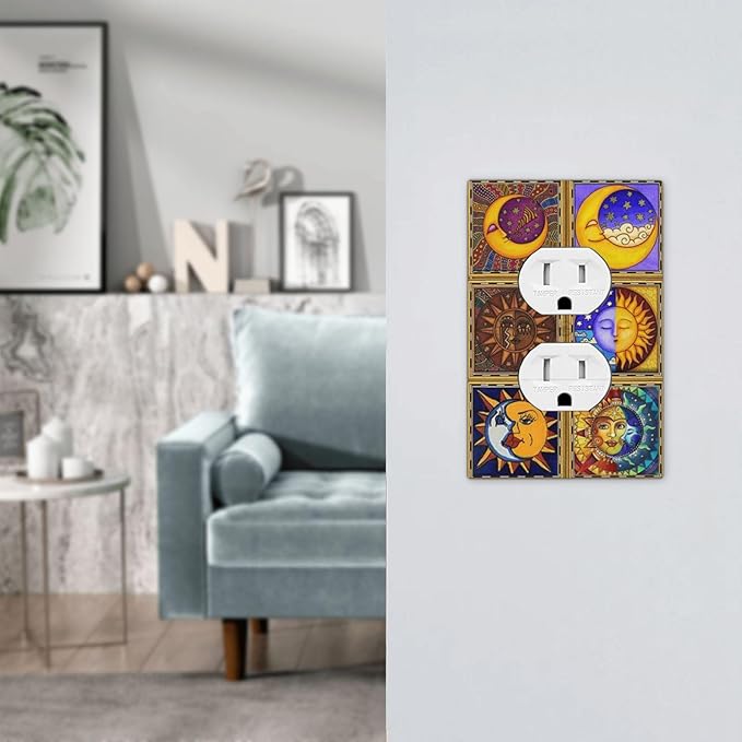 Mexican Talavera Tiles Star Pattern Celestials Theme Print Outlet Covers 1 Gang Duplex Light Switch Cover Decorative Switch Plates Electrical Receptacle Faceplate Wall Plate for Kitchen Home Decor
