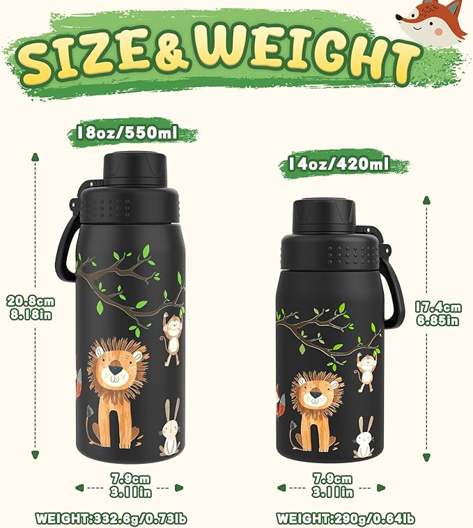 GOPPUS 15oz Kids Water Bottle with Spout Lid, Toddler Water Bottle, Stainless Steel Insulated Water Bottle, Leakproof, BPA Free, Suitable for Boys and Girls for School（Forest Animals）
