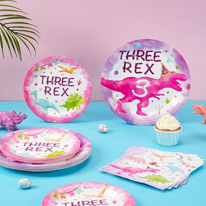 WERNNSAI Three Rex Birthday Decorations - 48 PCS 3rd Plates and Napkins Pink Dinosaur Birthday Decorations Dino Party Supplies Dinosaur Party Favors for Girls Serves 16 Guests