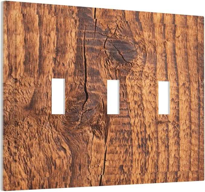 Brown Wood Grain Rustic Natural Burl Print Decorative Switch Plates 3 Gang Wall Plate Triple Toggle Light Switch Cover Faceplate Electrical Wall Panels for Farmhouse Home Decor