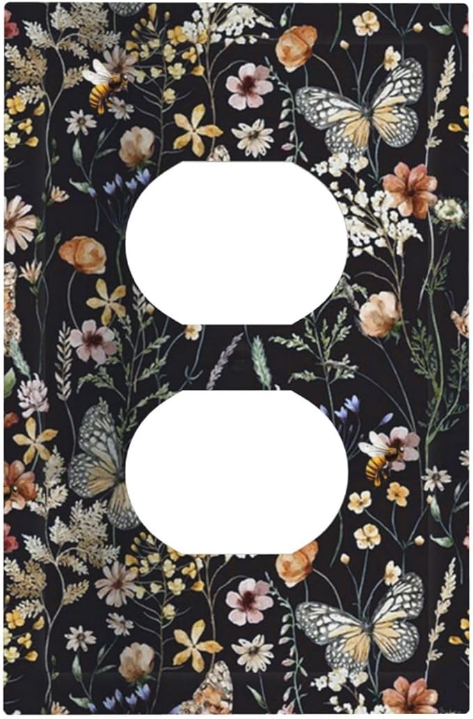 Vintage Flower Leaves 1 Gang Outlet Plate Duplex Decorative Dark Backgrounds Art Outlet Covers Butterfly Electrical Receptacle Lightswitch Faceplate Cute Bees Dimmer Decor for Bedroom Kitchen