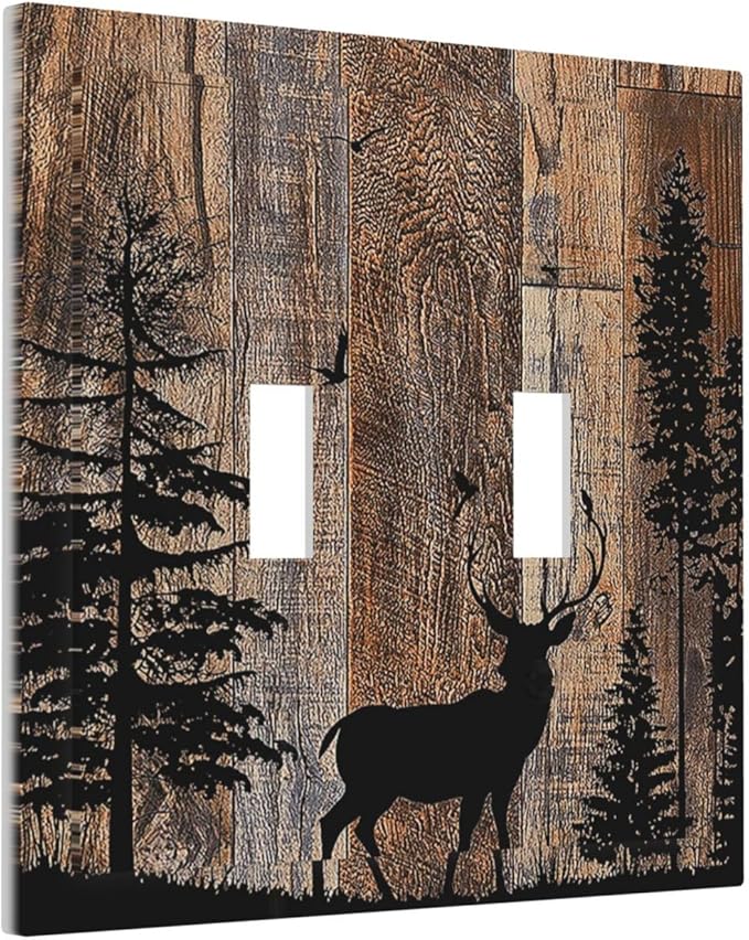 Decorative Switch Plates Rustic Forest Antler Elk Deer Silhouettes Animals Wood Grain 2 Gang Double Toggle Wall Plate Outlet Light Switch Cover Electrical Faceplate for Farmhouse Home Decor