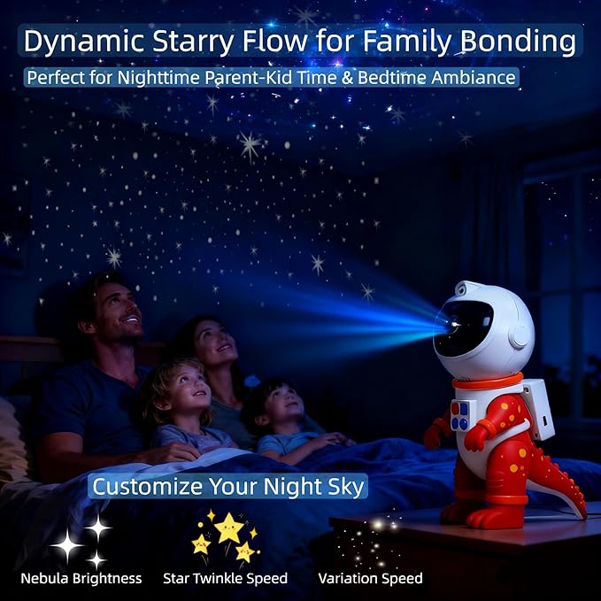 Galaxy Star Projection Night Light, Dinosaur Astronaut Space Projector with Timer, Remote Control, 8 Lighting Modes, Green Nebula Effects for Kids Room Ceiling Decor(Red)