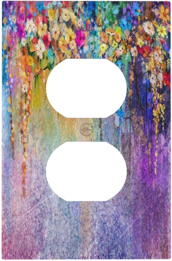 Colorful Floral Watercolor Flower 1 Gang Outlet Plate Covers Decorative Single Duplex Wall Plate Purple Electrical Receptacle Light Switch Cover Art Faceplate Switchplate for Farmhouse BedRoom Decor